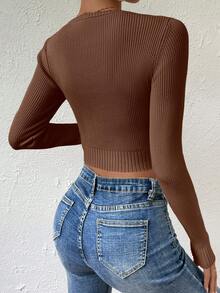 SHEIN Essnce Scoop Cổ Đồ đan Ribbed Áo len Crop - Cà phê nâu - Xem 2