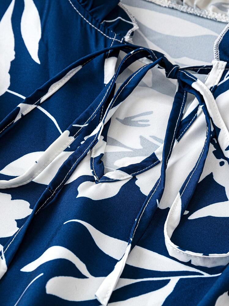 SHEIN LUNE Camisa Con Cordones Y Cuello Con Estampado Floral De Talla Grande - Azul - Ver 4