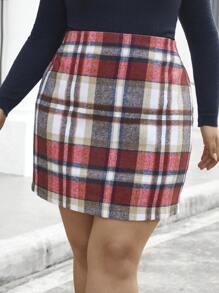 SHEIN Clasi 大碼格紋印花直筒半身裙 - 紅色 - 查看 3