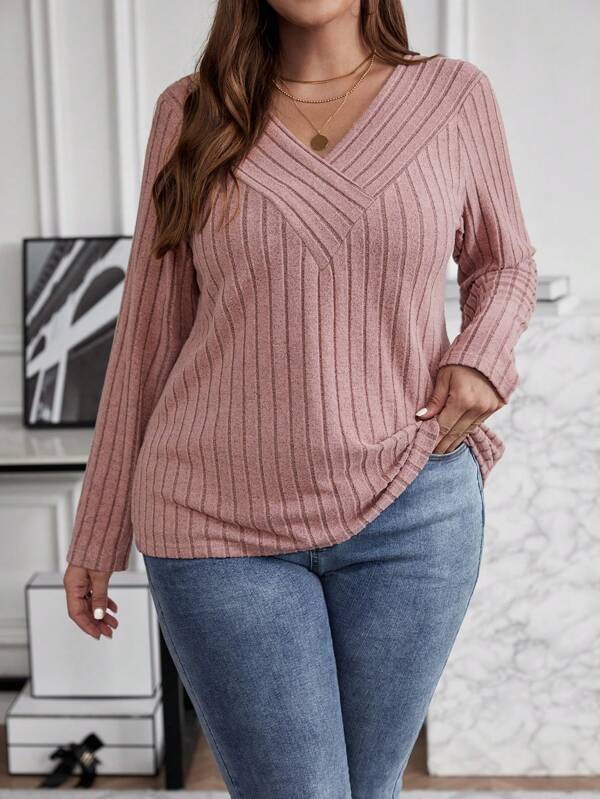 EMERY ROSE Plus Size Women's Solid Color V-Neck Long Sleeve Hollow Out T-Shirt, For Autumn & Winter
