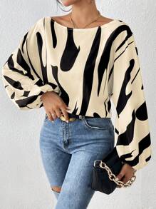 SHEIN Privé 圖案印花燈籠袖襯衫 - 杏色 - 查看 5