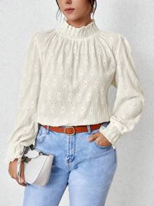 Vionelle Plus Frill Trim Mock Neck Eyelet Embroidery Blouse Fall Cloth For Women - Apricot - View 2