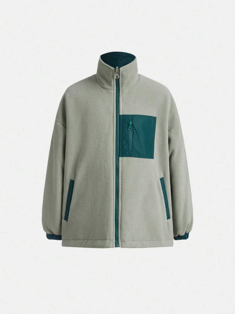 Boys' Outdoor Sports Double Color Patchwork Fleece Jacket With Zipper Front And Pockets, Warm, Breathable, Windproof, Perfect For Hiking, Climbing, Traveling And Daily Wear