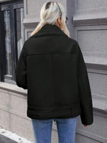 SHEIN Essnce Dây kéo Thắt lưng Hem Áo khoác moto - màu đen - Xem 2