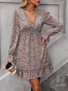 SHEIN LUNE Ditsy Floral Print Flounce Sleeve Ruffle Hem Dress - Multicolor - View 3