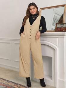 SHEIN Frenchy Jumpsuit Ukuran Plus Kantong Tombol Depan Plain Casual - Khaki - View 6