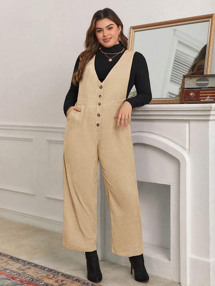Women's Plus Size Solid Color Button Detail Straight Leg Jumpsuit Without T-shirt
