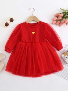 Baby Girl Heart Embroidery Mesh Overlay Dress - Red - View 3