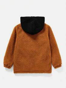 SHEIN Tween Boy Two Tone Letter Patched Detail Zipper Hooded Fleece Jacket - Brown - View 2