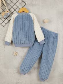 SHEIN 休閒拉鍊 前紐扣撞色 字母男童（小）兩件套 - 霧霾藍 - 查看 2