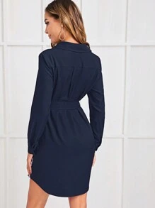 SHEIN Clasi 弧形下擺腰帶襯衫洋裝 - 藏蓝色 - 查看 2