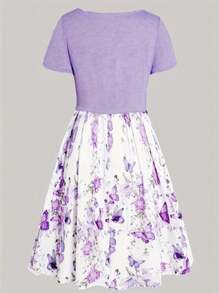 Twist Front Crop Top With Floral Print Dress - Purple - View 2
