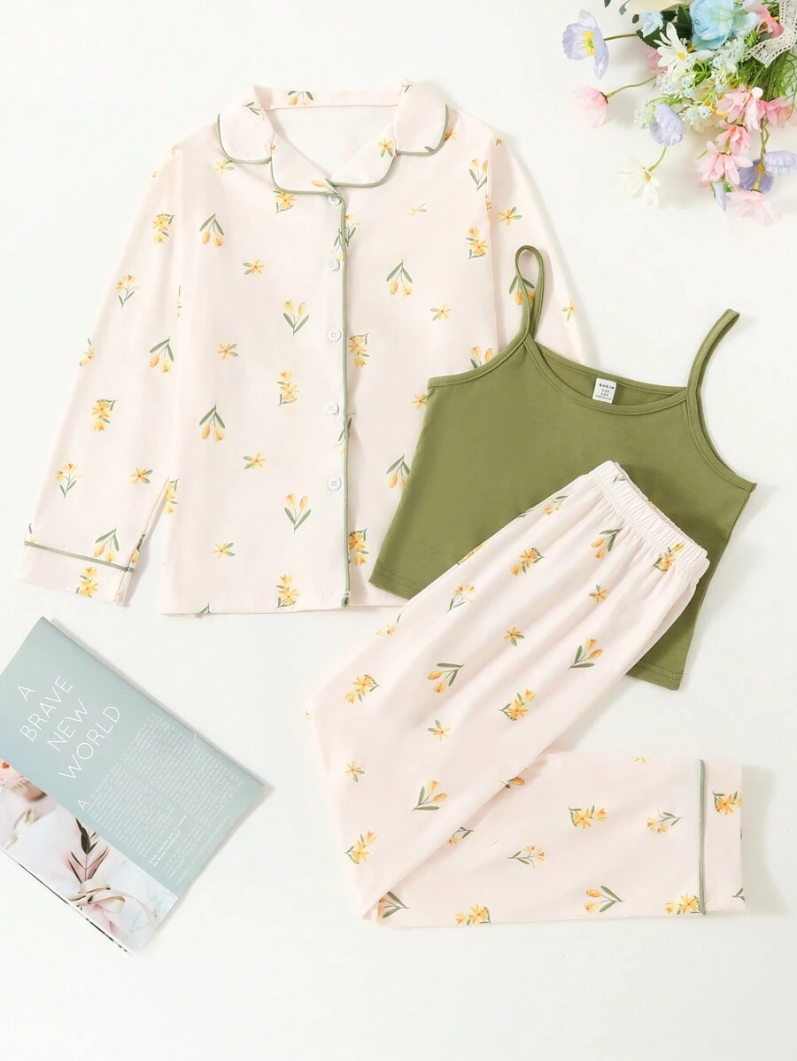 SHEIN Tween Girl Solid Cami Top & Floral Print Pants & Button Front Shirt PJ Set - White - View 1