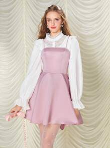 SHEIN X Garcia Sisters SHEIN MOD Váy suông dây mảnh trang trí nơ lớn buộc dây phía sau cho nữ, váy xòe thường ngày cho nữ, váy ngắn hai dây không tay nhún bèo màu hồng trơn bó sát cho nữ, váy ngắn cho nữ, mùa xuân/thu, trang phục thường ngày thường ngày - Hồng - Xem 3