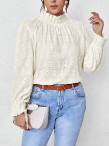 Vionelle Plus Frill Trim Mock Neck Eyelet Embroidery Blouse Fall Cloth For Women - Apricot - View 4