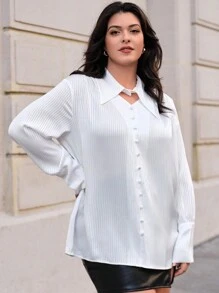SHEIN Essnce Hơn Chất rắn Nút phía trước Áo sơ mi - trắng - Xem 1