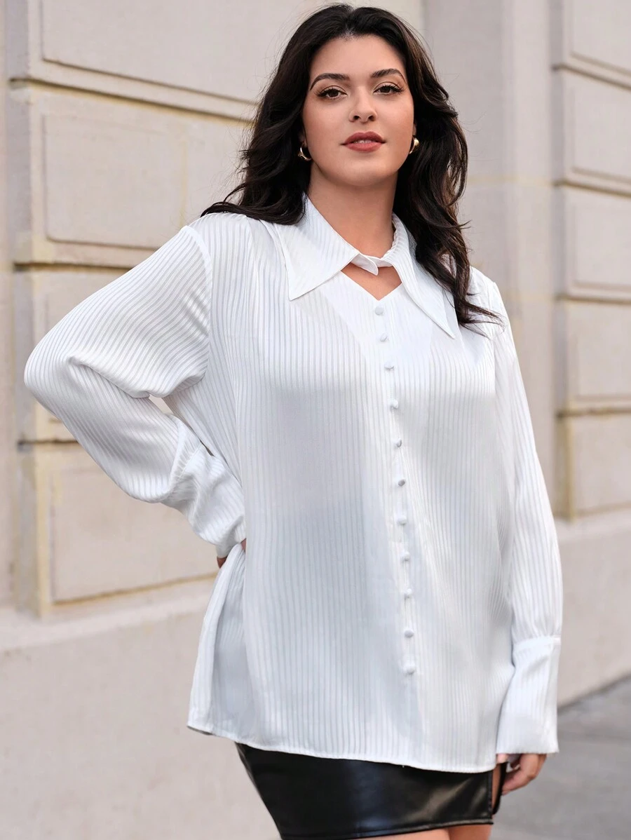 SHEIN Essnce Hơn Chất rắn Nút phía trước Áo sơ mi - trắng - Xem 1