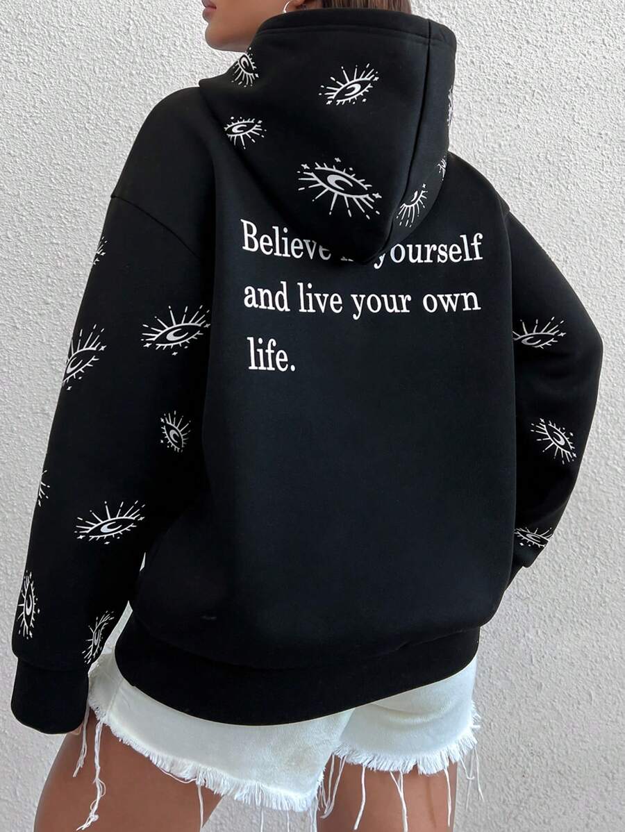 SHEIN Unity Áo Hoodie tay dài vai rớt in hình khẩu hiệu và mặt trăng: Hãy tin vào chính mình và sống cuộc đời của riêng bạn, áo nỉ mùa thu. - màu đen - Xem 1