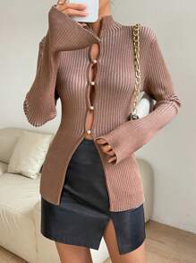 Zolique Ribbed Knit Button Front Cardigan Fall Cloth For Women - Rust Brown - View 1