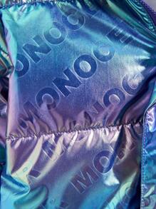 Young Boy Holographic Fuzzy Trim Hooded Padded Coat Without Sweater