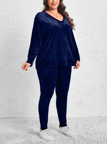 SHEIN LUNE Plus Size Women's Velvet Top And Leggings Two Piece Set - Navy Blue - View 5