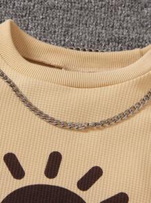 SHEIN Young Boy Sun Print Sweatshirt & Sweatpants - Khaki - View 3