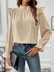 SHEIN Privé 荷葉邊荷葉袖襯衫 - 杏色 - 查看 4