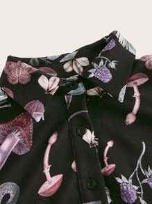 ROMWE Fairycore 女用蘑菇與蛇印花羈扣襯衫洋裝 - 黑色 - 查看 3