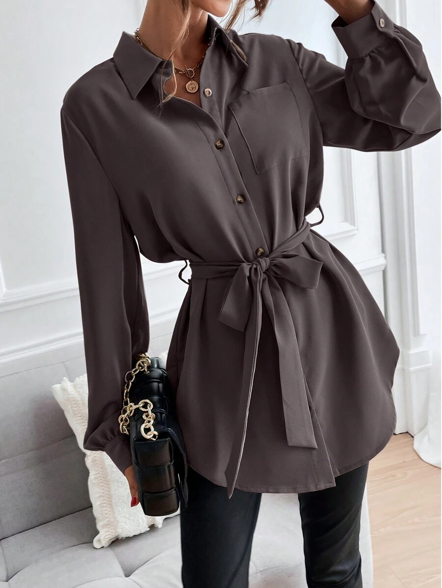 SHEIN LUNE Solid Button Front Belted Shirt Dress Fall Cloth For Women - Chocolate Brown - View 1