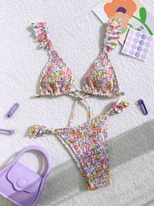 Swim Mod Summer Beach Floral Print Smocked Bikini Set With Ruffle Trim - Multicolor - View 1