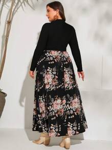 SHEIN VCAY Plus Floral Print Mock Neck Belted Dress - Multicolor - View 3