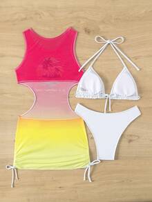 女士純色三角領露肩比基尼套裝和漸變網紗連衣裙,帶有字母和椰樹圖案 - 彩色 - 查看 2