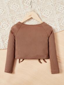 SHEIN Little Girls' Casual, Comfortable, Warm Pullover T-shirt With Drawstring Hem