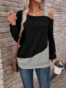 SHEIN LUNE 不对称拼色露肩灯笼袖运动衫 - 彩色 - 查看 4