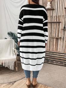 SHEIN LUNE Plus Size Striped Pattern Drop Shoulder Cardigan - Black and White - View 2