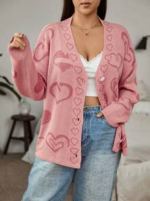 Flirla 大碼愛心圖案落肩袖開襟衫 - 粉色 - 查看 3
