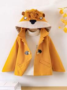 SHEIN 少女1件卡通刺繡3d耳朵設計連帽毛呢外套 - 黃色 - 查看 4