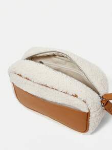 SHEIN VCAY Len cừu Túi đeo chéo Dây đeo có thể điều chỉnh Dây kéo chất liệu da PU - màu nâu - Xem 4