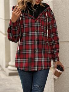 SHEIN LUNE Abrigo con capucha con estampado de cuadros de hombros caídos con cordón - Rojo - Ver 5