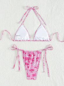 Swim Mod 女士花卉印花領後繫式比基尼套裝 - 彩色 - 查看 3