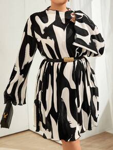 SHEIN Privé Hơn In Toàn bộ tay áo lá sen Plisse Đầm Không có thắt lưng - Nhiều màu - Xem 3