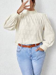 Vionelle Plus Frill Trim Mock Neck Eyelet Embroidery Blouse Fall Cloth For Women - Apricot - View 1
