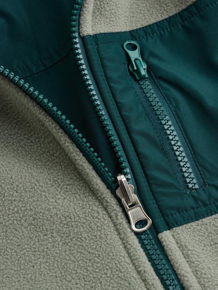 Boys' Outdoor Sports Double Color Patchwork Fleece Jacket With Zipper Front And Pockets, Warm, Breathable, Windproof, Perfect For Hiking, Climbing, Traveling And Daily Wear