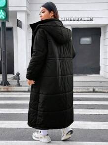 Flirla Plus Drawstring Waist Hooded Padded Padded Coat, For Winter Clothes - Black - View 2
