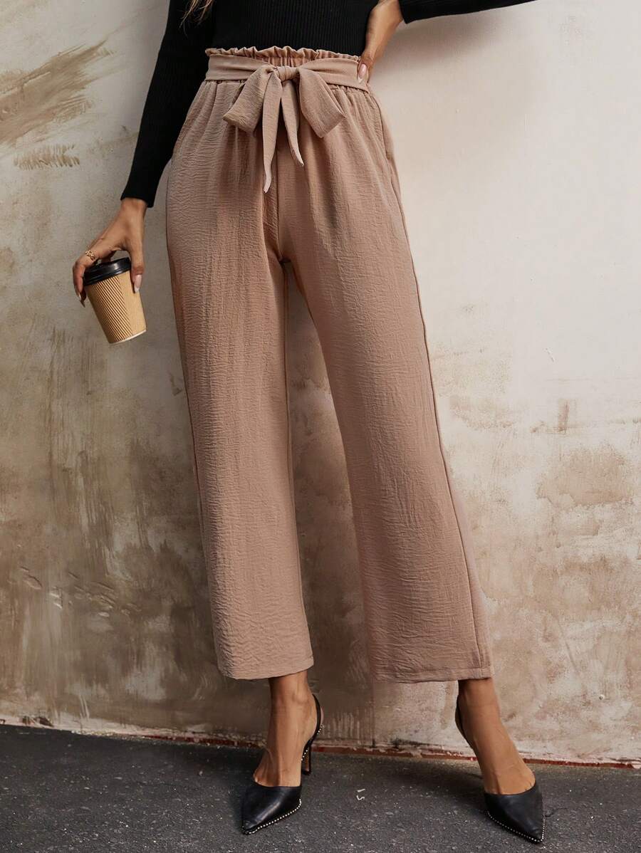 SHEIN Frenchy Paperbag Waist Belted Wide Leg Pants - Khaki - View 1