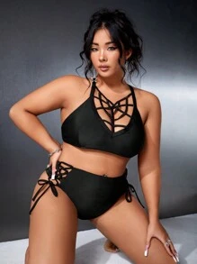 SHEIN Swim Curve 女士加大码纯色吊带泳衣套装 - 黑色 - 查看 3