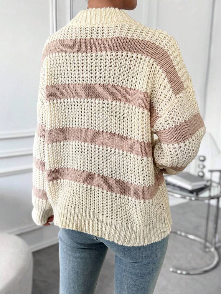 Striped Pattern Drop Shoulder Knit Pullover Fall Winter Sweater