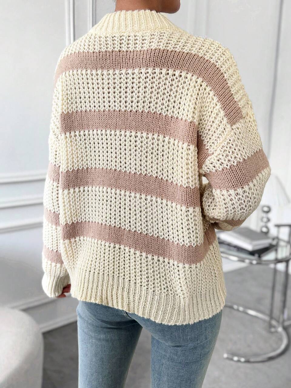 Striped Pattern Drop Shoulder Knit Pullover Fall Winter Sweater