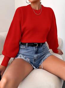 RueChic Women's Drop Shoulder Round Neck Sweater - Red - View 1