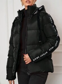RueChic Letter Graphic Contrast Tape Drawstring Hooded Puffer Coat - Black - View 1